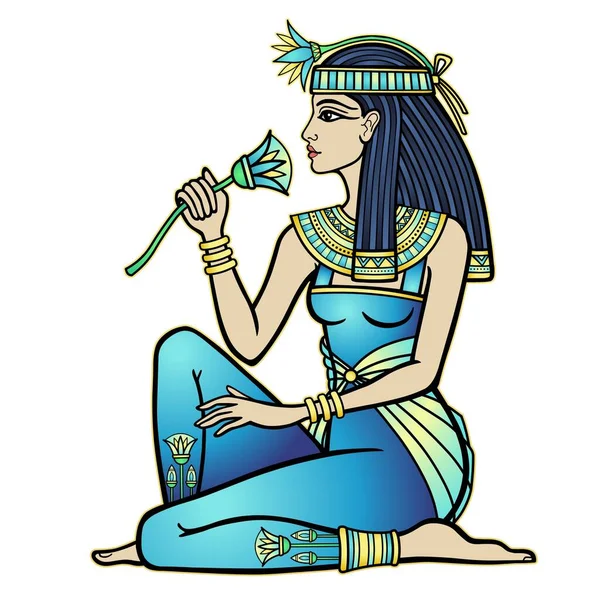 Animation Porträtt Vackra Egyptiska Kvinna Med Blomma Gudinna Prinsessan Profilbild — Stock vektor