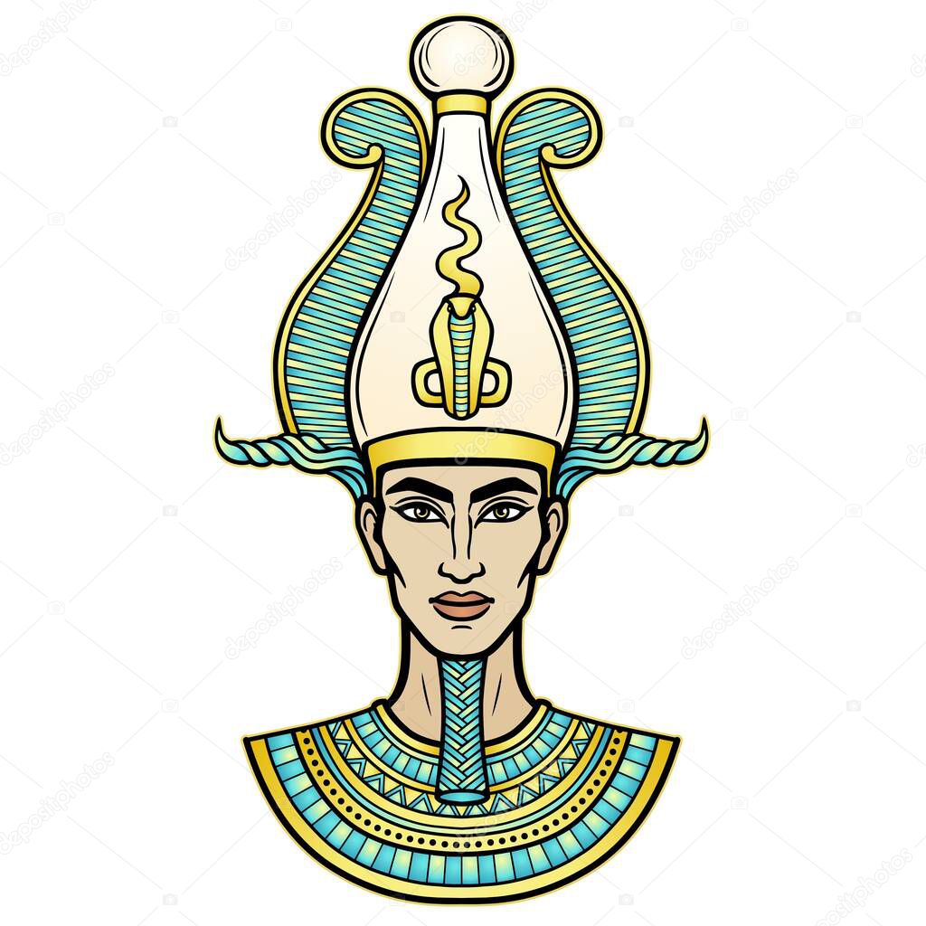 Animation portrait Egyptian man n the crown. God Osiris. Vector illustration isolated on a white background. Print, poster, t-shirt, tattoo.