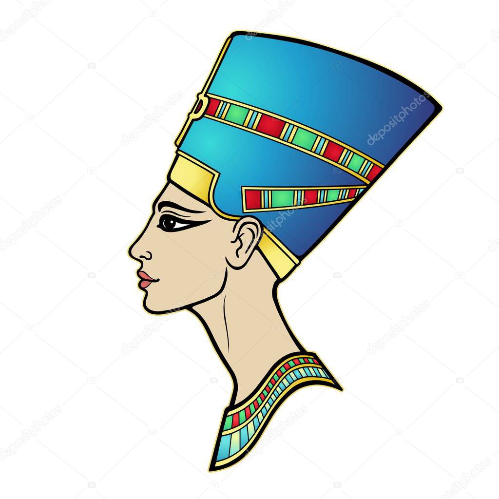 Animation portrait of beautiful Egyptian woman in the crown. Goddess, princess, queen. Profile view. Vector illustration isolated on a white background. Print, poster, t-shirt, tattoo.