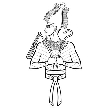 Tahttaki Animasyon portresi elinde gücün sembollerini taşıyor. Tanrı aşkına Osiris. Profil görünümü. Beyaz arkaplanda izole edilmiş vektör illüstrasyonu. Yazdır, poster, tişört, dövme.
