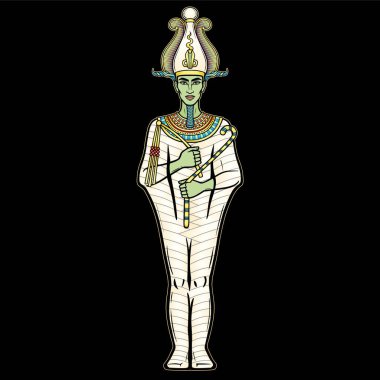 Animation portrait Egyptian man in the crown holds symbols of power in his hands. God Osiris. Full growth. Vector illustration isolated on a black background. Print, poster, t-shirt, tattoo. clipart