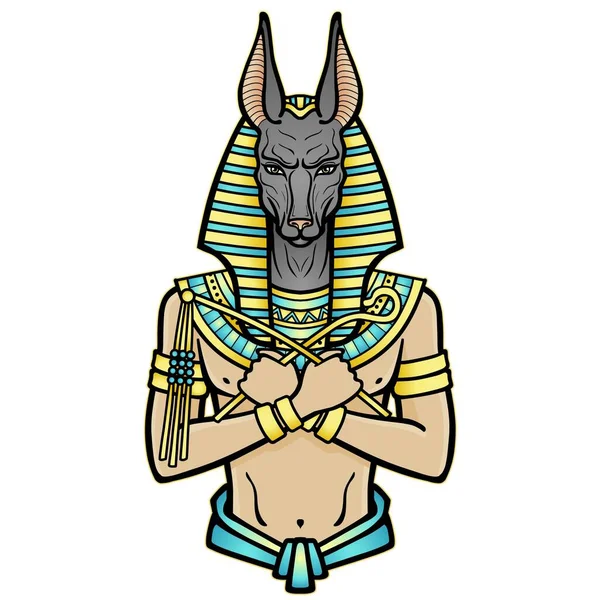 动画描绘了埃及神阿努比斯与交叉的双手持有权力的象征 死亡之神 在白色背景上孤立的向量图解 Tatto — 图库矢量图片