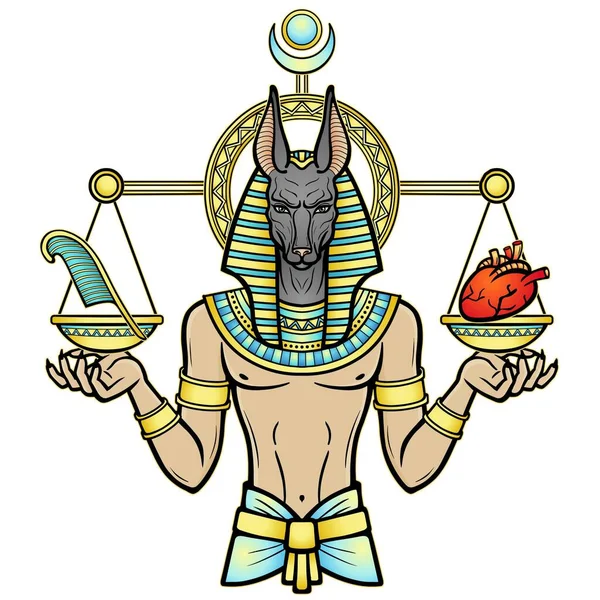 Retrato Animação Deus Egípcio Anubis Mede Coração Humano Caneta Escalas —  Vetores de Stock