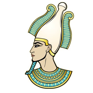 Animasyon portresi tahttaki Mısırlı adam. Tanrı aşkına Osiris. Profil görünümü. Beyaz arkaplanda izole edilmiş vektör illüstrasyonu. Yazdır, poster, tişört, dövme.