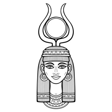 Animation portrait of beautiful Egyptian woman in ancient hairstyle, with horns and a disk of sun on the head. Goddess Isis. Vector illustration isolated on a white background. Print, poster, t-shirt clipart