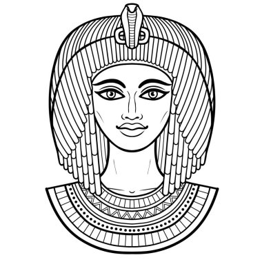 Antik saç stilinde güzel Mısırlı kadının animasyon portresi. Tanrıça, prenses, kraliçe. Beyaz arkaplanda izole edilmiş vektör illüstrasyonu. Yazdır, poster, tişört, dövme.