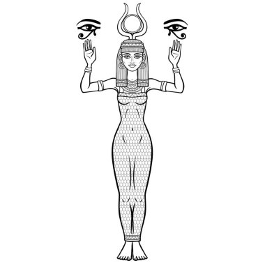 Animation portrait: Egyptian goddess Isis with horns and a disk of sun on the head holds sacred symbols of the eye Horus. Full growth. Vector illustration isolated on a white background. clipart