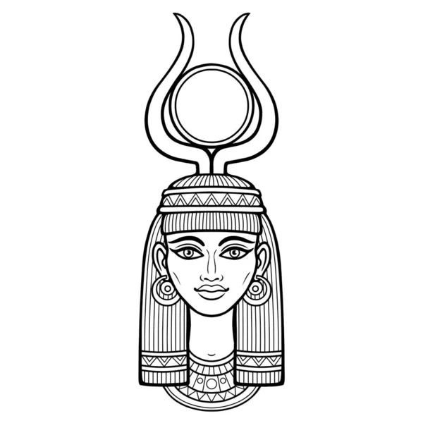 Анимационный Портрет Красивой Египетской Женщины Старинной Прическе Рогами Диском Солнца — стоковый вектор