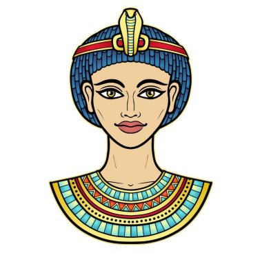 Animasyon renkli güzel Mısırlı kadın portresi eski saç stilinde. Kraliçe ya da Prenses Tanrıça. Beyaz arkaplanda izole edilmiş vektör illüstrasyonu. Yazdır, poster, tişört, dövme.