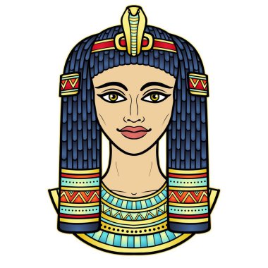 Animasyon renkli güzel Mısırlı kadın portresi eski saç stilinde. Kraliçe ya da Prenses Tanrıça. Beyaz arkaplanda izole edilmiş vektör illüstrasyonu. Yazdır, poster, tişört, dövme.