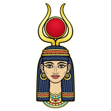 Antik Mısırlı güzel bir kadının animasyon portresi, boynuzları ve kafasında bir disk ile. Tanrıça Isis. Beyaz arkaplanda izole edilmiş vektör illüstrasyonu. Yazdır, poster, tişört