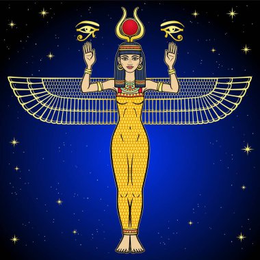 Animasyon renk portresi: boynuzları ve kafasında güneş diski olan Mısır tanrıçası Isis, Horus 'un kutsal sembollerini taşıyor. Tam gelişim. Vektör çizimi. Arkaplan - Gece Yıldızı gökyüzü. 