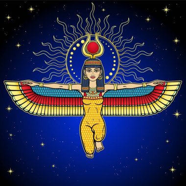 Animation color portrait: sitting winged goddess Isis with horns In glow of the sun. Background - night star sky. Vector illustration. Print, poster, t-shirt, tattoo. clipart