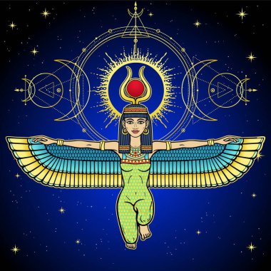 Animasyon renk portresi: Güneşin parıltısıyla kanatlı tanrıça Isis. Kutsal geometri. Arka plan - Gece Yıldızı gökyüzü. Vektör çizimi. Yazdır, poster, tişört, dövme.
