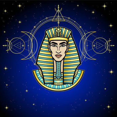 Animasyon renk portresi: Mısırlı adam firavun. Arka plan, gece yıldızı gökyüzü, kutsal geometri. Vektör çizimi. Yazdır, poster, tişört, dövme.