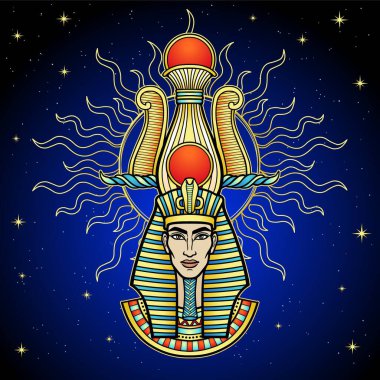 Animasyon renkli portre Mısır firavunu güneşin parlaklığında. Arka plan - Gece Yıldızı gökyüzü. Vektör çizimi. Yazdır, poster, tişört, dövme.