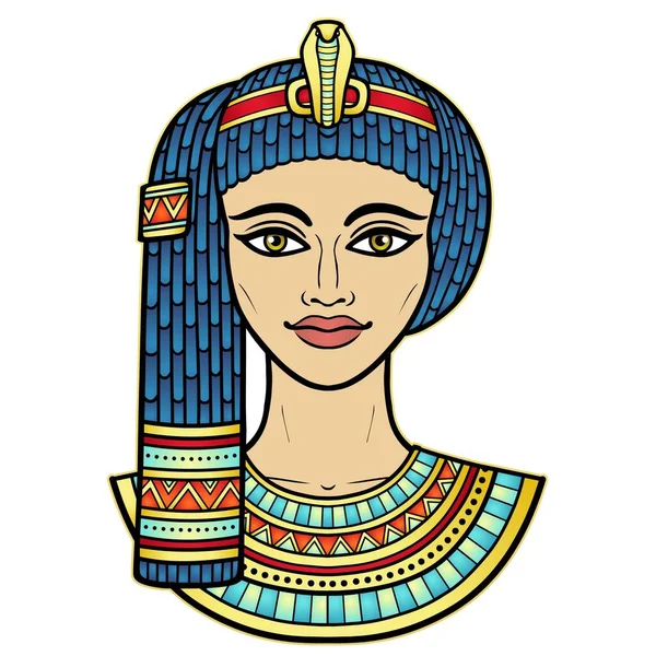 古代发型中美丽的埃及女人的动画色彩肖像 女王或公主女神 在白色背景上孤立的向量图解 — 图库矢量图片