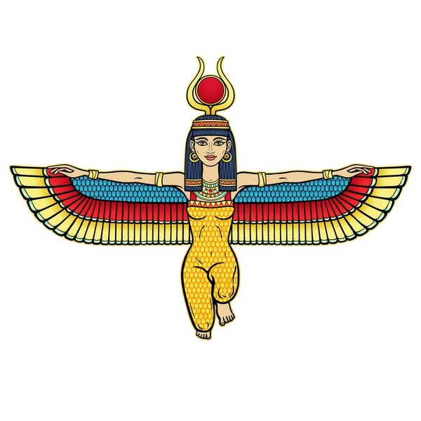 Animasyon renk portresi: kanatlı tanrıça Isis 'in boynuzları ve kafasında güneş diski ile oturması. Beyaz arkaplanda izole edilmiş vektör illüstrasyonu. Yazdır, poster, tişört, dövme.