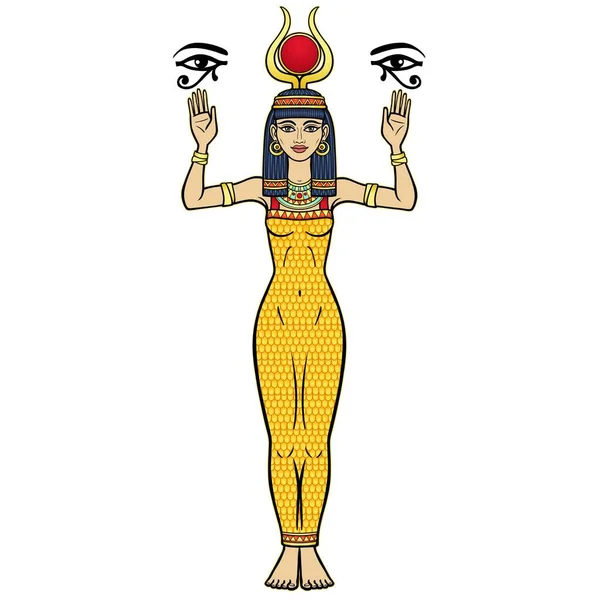 动画色彩肖像 埃及女神伊希斯头上有角和太阳圆盘 是荷鲁斯眼睛的神圣象征 全面增长 在白色背景上孤立的向量图 — 图库矢量图片