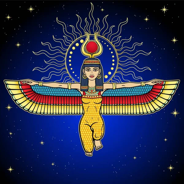 Retrato Color Animación Diosa Alada Sentada Isis Con Cuernos Resplandor — Archivo Imágenes Vectoriales