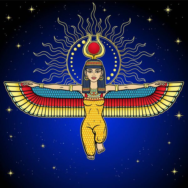 Цветной анимационный портрет: сидящая крылатая богиня Изида с рогами в лучах солнца. Фон - ночное звездное небо. Векторная иллюстрация. Печать, плакат, футболка, татуировка.