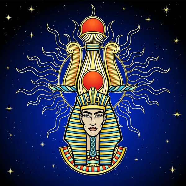 Animasyon renkli portre Mısır firavunu güneşin parlaklığında. Arka plan - Gece Yıldızı gökyüzü. Vektör çizimi. Yazdır, poster, tişört, dövme.