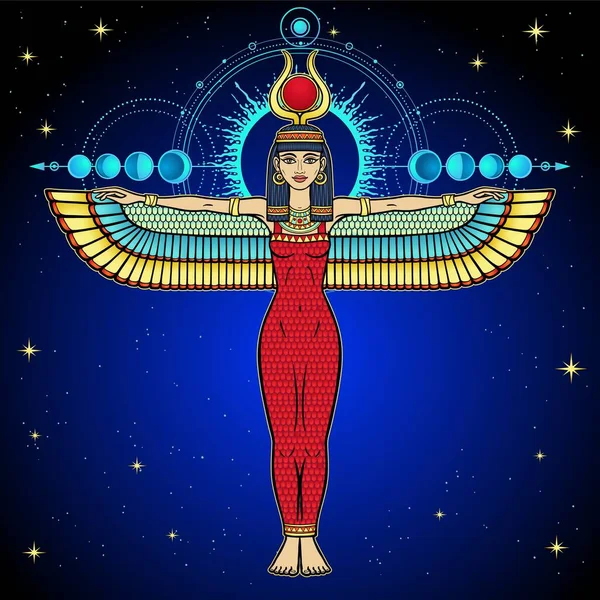 Κινούμενο Πορτρέτο Χρώματος Αιγυπτιακή Φτερωτή Θεά Ίσιδα Κέρατα Και Ένα — Διανυσματικό Αρχείο