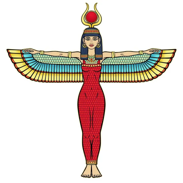 动画色彩肖像 埃及带翅膀的女神伊希丝 头上长着角和一个太阳盘 全面增长 在白色背景上孤立的向量图解 — 图库矢量图片#