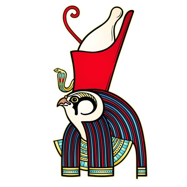 Animation color portrait of the Ancient Egyptian god Horus. Deity with head of a bird, patron of the pharaohs. Vector illustration isolated on a white background. Print, poster, t-shirt, tattoo.
