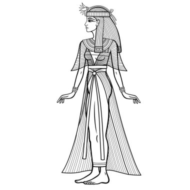 Animation linear portrait: beautiful Egyptian woman in ancient clothes with a flower on the head. Full growth. Goddess, princess. Profile view. Vector illustration isolated on a white background. 