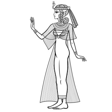 Animation linear portrait: beautiful Egyptian woman in ancient clothes extends his hand. Full growth. Goddess, princess. Profile view. Vector illustration isolated on a white background. 