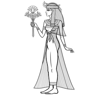 Animasyon doğrusal portresi: Güzel Mısırlı kadın elinde bir buket çiçekle ayakta duruyor. Tam gelişim. Tanrıça, prenses. Profil görünümü. Beyaz arkaplanda izole edilmiş vektör illüstrasyonu. 