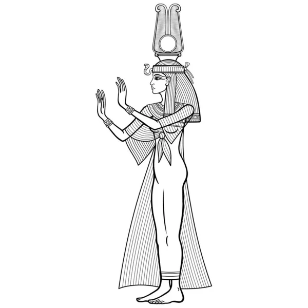 アニメーションリニア肖像画 王冠と古代の服の美しいエジプトの女性は彼の手を拡張します 完全な成長 女神よ姫 プロフィール表示 白い背景に独立したベクターイラスト — ストックベクタ