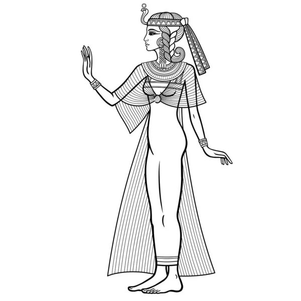 Animation Linear Portrait Beautiful Egyptian Woman Ancient Clothes Extends His — Vector de stock