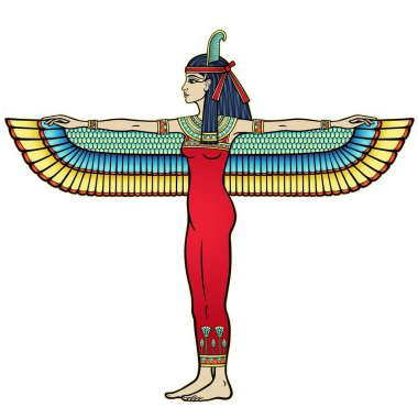 Animation color  portrait: winged goddess of justice Maat. Full growth. Profile view. Vector illustration isolated on a white background. Print, poster, t-shirt, tattoo.