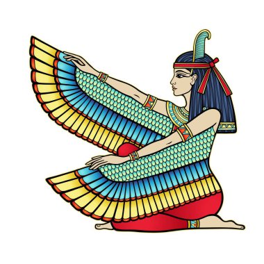 Animation color portrait: sitting goddess of justice Maat. Profile view. Vector illustration isolated on a white background. Print, poster, t-shirt, tattoo.