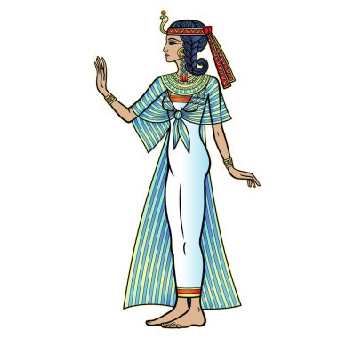Animation color portrait: beautiful Egyptian woman in ancient clothes extends his hand. Full growth. Goddess, princess. Profile view. Vector illustration isolated on a white background. 