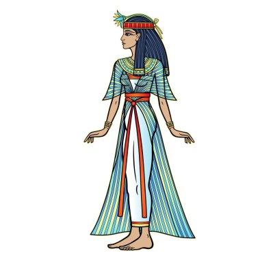 Animation color portrait: beautiful Egyptian woman in ancient clothes with a flower on the head. Full growth. Goddess, princess. Profile view. Vector illustration isolated on a white background. 