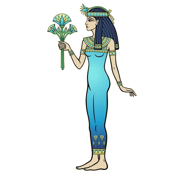 Animation Color Portrait Beautiful Egyptian Woman Stands Bouquet Flowers Hand — 스톡 벡터