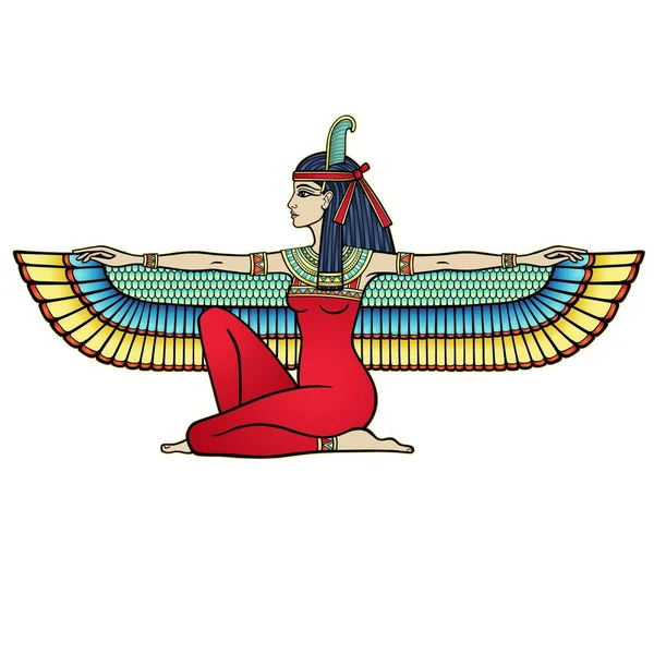 Animation color portrait: sitting goddess of justice Maat. Profile view. Vector illustration isolated on a white background. Print, poster, t-shirt, tattoo.