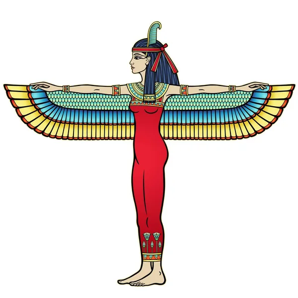 Animation Color Portrait Winged Goddess Justice Maat Full Growth Profile — Archivo Imágenes Vectoriales