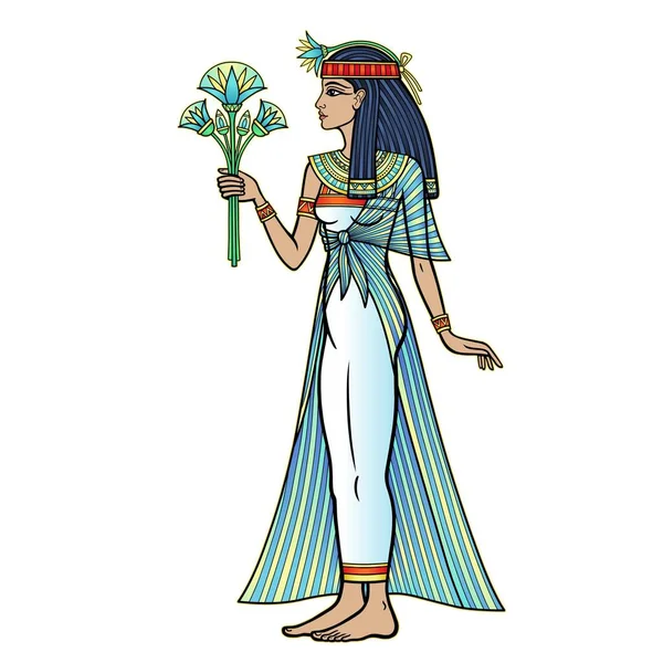 Animation Color Portrait Beautiful Egyptian Woman Stands Bouquet Flowers Hand — Image vectorielle