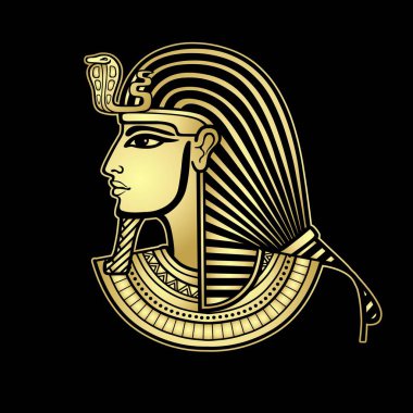 Animasyon portresi kraliyet başörtüsü takmış Mısırlı adam. Profil görünümü. Altın taklidi. Vektör illüstrasyonu siyah arkaplanda izole edildi. Yazdır, poster, tişört, dövme.