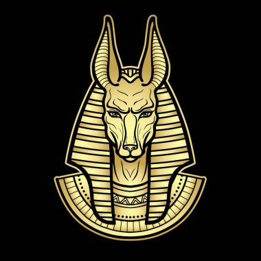 Animasyon portresi Antik Mısır tanrısı Anubis. Köpek kafalı bir tanrı. Ölüm Tanrısı. Vektör illüstrasyonu siyah arkaplanda izole edildi. Altın taklidi. Yazdır, poster, tişört, dövme.