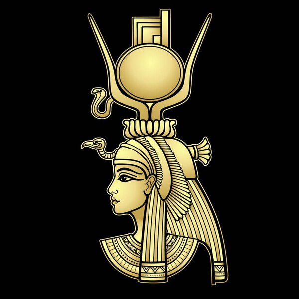 Анимационный портрет красивой египетской женщины. Богиня Исида. Профиль. Золотая имитация. Векторная иллюстрация изолирована на черном фоне. Печать, плакат, футболка, татуировка.
