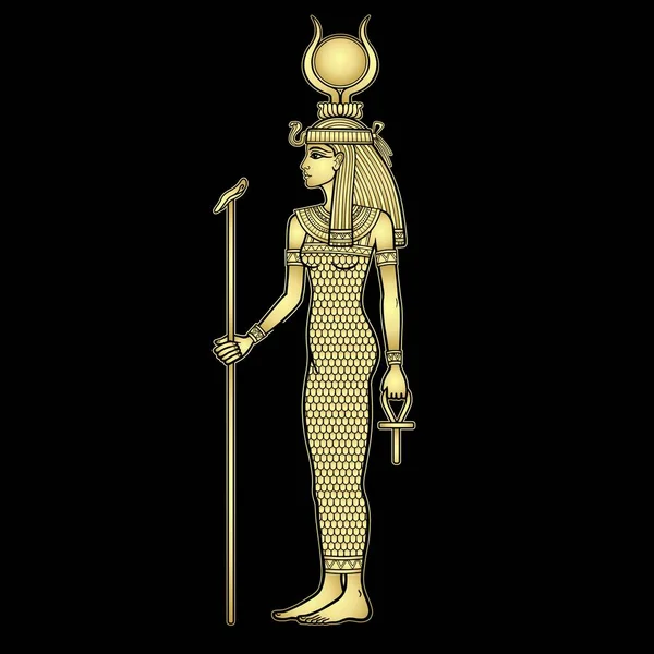 アニメーションの肖像画 エジプトの女神イシスは権力の象徴 十字架とスタッフを保持しています 完全な成長 プロフィール表示 黒を基調としたベクトルイラスト 金の模倣 — ストックベクタ