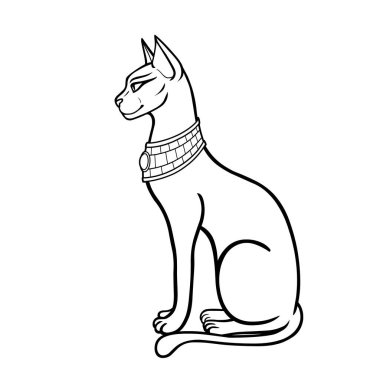 Animasyon portresi Antik Mısır tanrıçası Bastet (Bast). Kutsal kedi. Profil görünümü. Beyaz arkaplanda izole edilmiş vektör illüstrasyonu. Yazdır, poster, dövme.