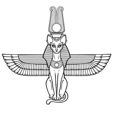 Animasyon portresi Antik Mısır tanrıçası Bastet (Bast). Kafasında ilahi bir taç olan kutsal kanatlı kedi. Beyaz arkaplanda izole edilmiş vektör illüstrasyonu. Yazdır, poster, dövme.
