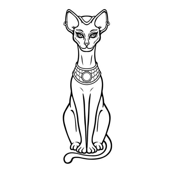 Gato egípcio. deusa bastet. gato preto com asas de escaravelho e colar de  ouro. satuette do antigo egito art. desenho animado 3d ícone do design.