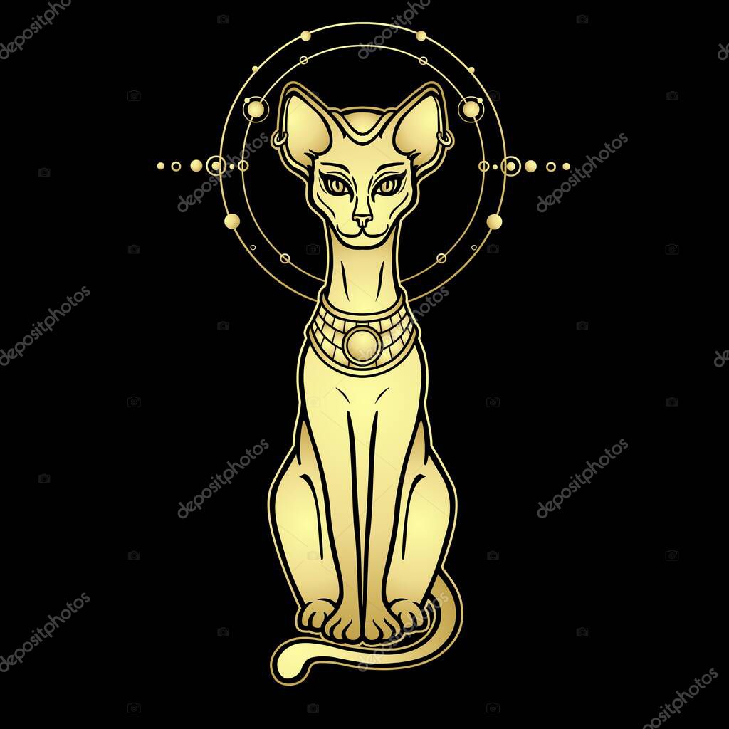 Animation portrait Ancient Egyptian goddess Bastet (Bast). Sacred cat. Orbits of planets, space symbols. Vector illustration isolated on a black background. Imitation of gold. Print, poster, tatoo.